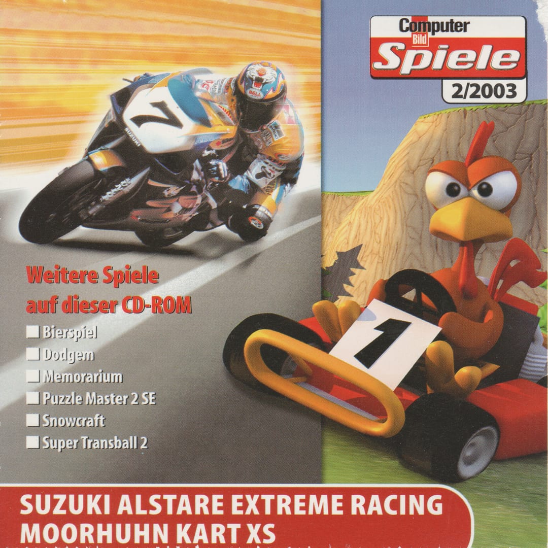 Computer Bild Spiele 2/2003 cover-disc front featuring Suzuki Alstare Extreme Racing and Moorhuhn Kart XS.
